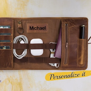 Leather Cable Organizer, Custom Travel Organizer, Personalized Birthday Gift, Fathers Day Graduation Gift for him, boyfriend girlfriend gift