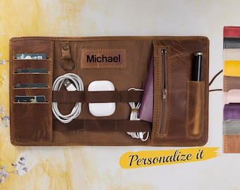 Leather Cable Organizer, Custom Travel Organizer, Personalized Birthday Gift, Fathers Day Graduation Gift for him, boyfriend girlfriend gift