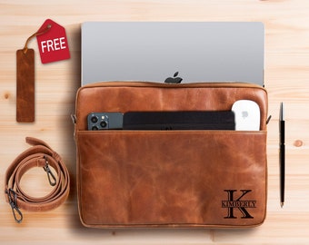 Leren laptoptas, lederen Crossbody Messenger Bag, aktetas voor laptop, lederen iPad-hoes, gegraveerde kantoorlaptoptas, heren damestas