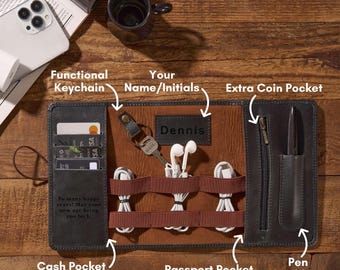 Personalized Leather Cable Organizer, Brown Travel Cord Roll Case