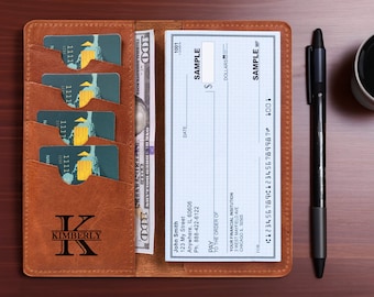 Funda de cuero para chequera, funda para chequera para hombres y mujeres, portachequeras de negocios, cartera para chequera de hombre, chequera delgada de piel de vaca personalizada