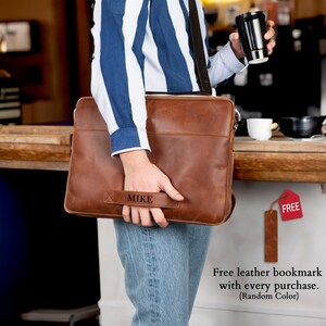 Brown Leather Laptop Bag, Laptop Case, Leather MacBook Pro Air 13 16 Case Men Gift, Personalized Shoulder Sleeve, Work Crossbody Bag Women image 6