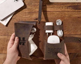 Travel Tech Organizer, Personalized Leather Tech Roll, Charger & Cable Holder, Gift for Him