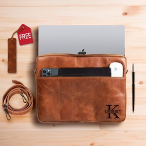 Brown Leather Laptop Bag, Laptop Case, Leather MacBook Pro Air 13 16 Case Men Gift, Personalized Shoulder Sleeve, Work Crossbody Bag Women image 2