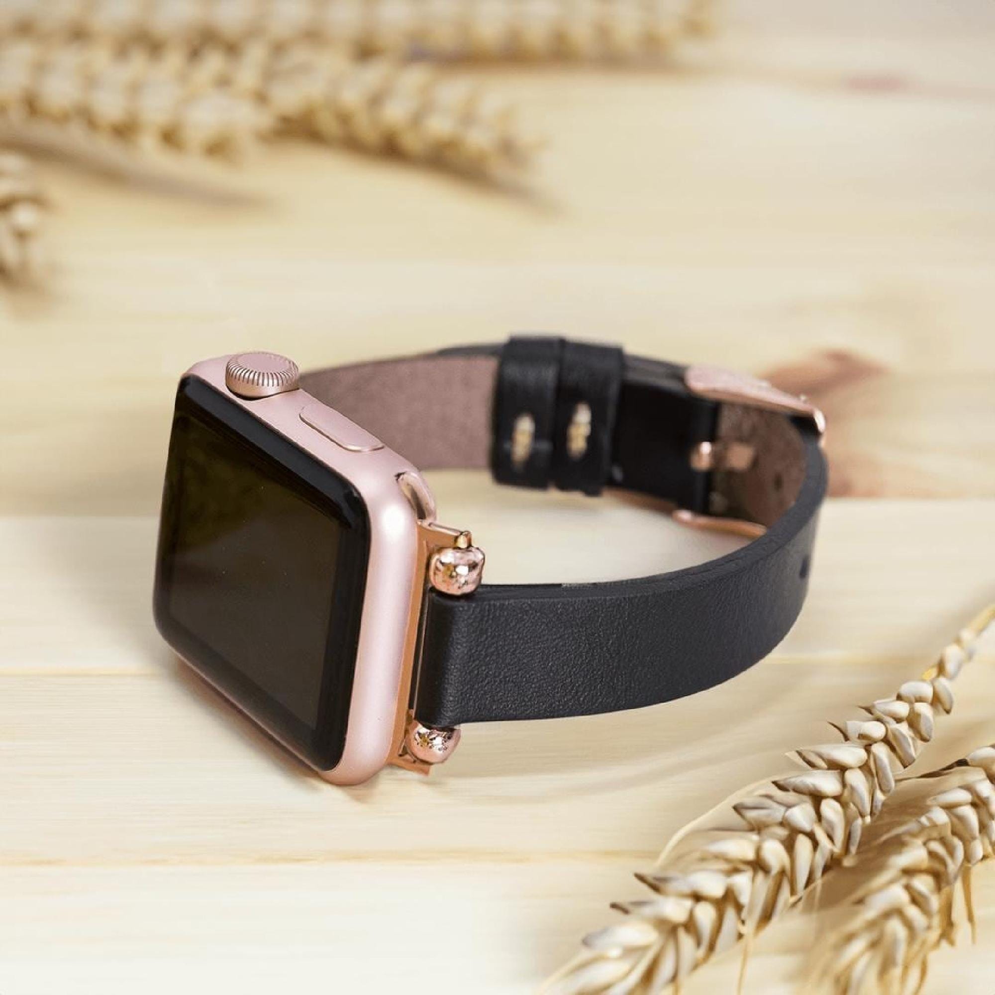 Slim Black Leather Apple Watch Strap: 38mm 40mm 41mm 42mm 44mm 45mm 49mm Band