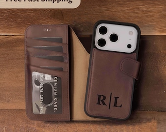 Leather Case for iPhone 17, iPhone 16 Case with Magsafe, iPhone 13, 14, 15 Pro Max Case, iPhone Wallet Case, Personalized iPhone Card Cover
