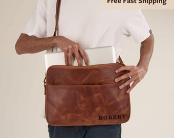Personalized Leather Laptop Bag, Brown Mens Messenger, 15 Inch Briefcase