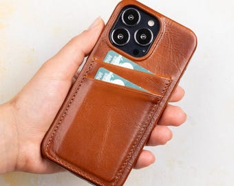 Personalisierter Leder iPhone Hülle für Männer, MagSafe Kartenhalter, Geschenk für Mann, Minimale Lederne Handytasche