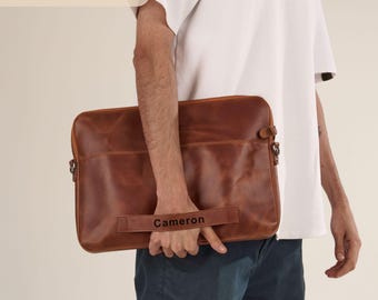 Personalized Leather Laptop Sleeve: Birthday Gift for Him, Husband, Dad, or Boyfriend