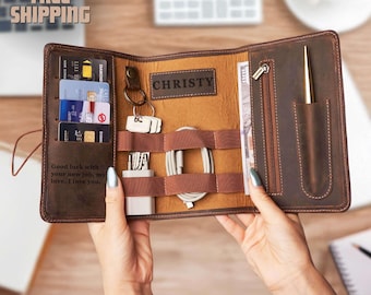 Leather Tech Organizer: Personalized Cable Organizer, Electronics Case with Card Slots and Zipper Pocket