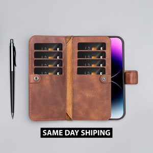 Funda para iPhone 16, iPhone 16 Pro, iPhone 15 Pro, iPhone 16 14 Plus y iPhone 13 Pro Max: Cartera y tarjetero de piel auténtica personalizados.