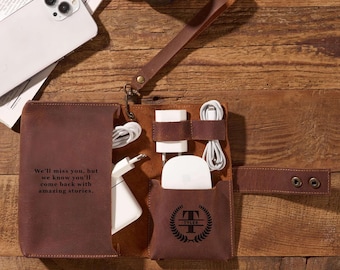Personalized Leather Tech Organizer: Custom Cable or Gadget Pouch, Travel Gift for Him or Her
