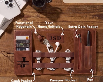 Personalized Cable Organizer: Leather Cord Holder with Card Slots, Zipper Pocket and Travel Storage