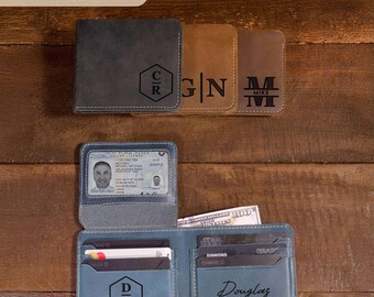 Trifold Leather Wallet: Personalized Card Holder for Men with Custom Name and Initials Engraving