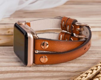 Slim Apple Watch Band 49mm 46/45/44/42mm 38/40/41mm Full Grain Leather Watch 11 Strap Personalized Christmas Gift for Her Woman Monogram