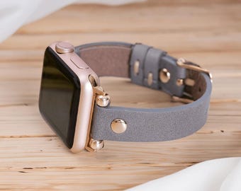 Gray Apple Watch Leather Band 38mm 40mm 41mm 42mm 44mm 45mm 46mm 49mm with beads, Slim iWatch Strap Series 11, Gift for Her Sister Women