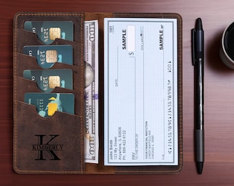 Personalized Leather Checkbook Cover, Brown Cowhide, Slim Mens Wallet