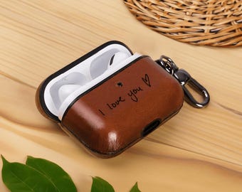 Personalised Airpods, Brown Leather Case, Engraved Name Cover