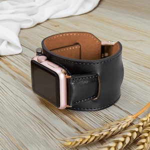 Black Leather Cuff New Apple Watch Band Ultra 49mm 45mm 41mm 40mm 42mm 44mm 38mm SE for iWatch 9 8 7 6 5 4 3 2 Men watch strap Gift Him Her