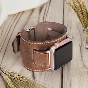 Brown Leather Cuff New Apple Watch Band Ultra 49mm 46mm 45mm 41mm 40mm 42mm 44mm 38mm SE for iWatch 11 10 9 8 7 6 5 Watch Strap Gift Him Her