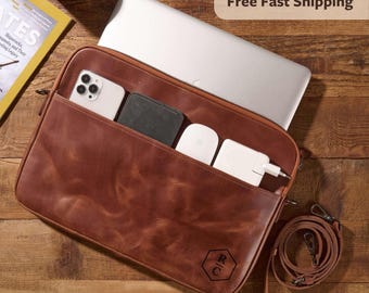 Leather Laptop Sleeve: Personalized Laptop Bag, Custom Computer Case with Shoulder Strap, Messenger Bag