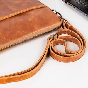 Brown Leather Laptop Bag, Laptop Case, Leather MacBook Pro Air 13 16 Case Men Gift, Personalized Shoulder Sleeve, Work Crossbody Bag Women image 3