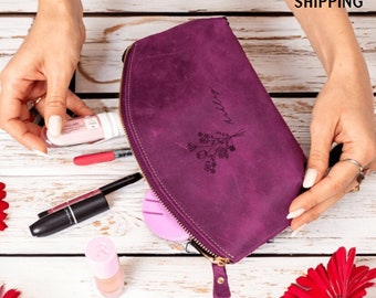Personalized Leather Makeup Bag Mother's Day Gifts, Custom Floral Makeup Bag, Cosmetic Bag, Monogram Makeup Pouch,Make Up Bag Gift for Women