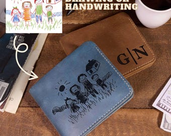 Personalized Leather Wallet: Custom Drawing or Handwriting, Engraved Bifold Wallet for Men