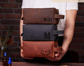 Personalized Leather Dopp Kit: Custom Toiletry Bag for Men, Travel Grooming Organizer with Monogram