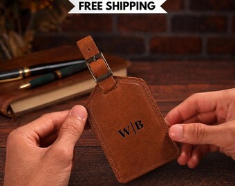 Personalized Leather Luggage Tag: Custom Monogram, Engraved Name, Travel Gift for Travelers