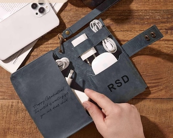 Leren technische tas gepersonaliseerd: kabelopberger, etui voor reiselektronica, cadeau voor papa