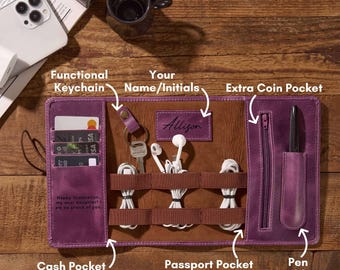 Personalized Leather Cable Organizer, Passport Tech Wallet, Travel Accessory Organizer