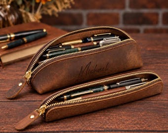 Personalized Pencil Case: Leather Pencil Pouch, Custom Monogram Organizer for School Supplies and Pens