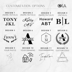 May include: A graphic showing 12 different design options for a custom logo. The designs include text, initials, a deer head, a letter A, a geometric shape, a wreath, a photo, a drawing, handwriting, and a geometric shape. The text in the image reads "CUSTOMIZATION OPTIONS" and "OXA".