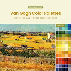 May include: Digital color palettes inspired by Van Gogh's "Sunlit Yellows" paintings. The image includes a landscape painting with a color palette of 150 hues. Text on the image reads "Van Gogh Color Palettes" and "Handmade for Procreate."
