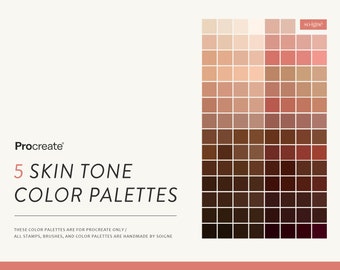 Può includere: Un'illustrazione digitale di 5 palette di colori per il tono della pelle per Procreate. Le palette sono disposte in una griglia, con ogni campione di colore che rappresenta una tonalità di pelle diversa. I colori vanno dal chiaro allo scuro.