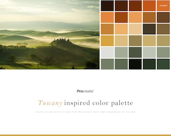 Può includere: Una tavolozza di colori ispirata al paesaggio toscano, con sfumature di verde, marrone, arancione e beige. La tavolozza è progettata per l'uso nell'app Procreate.