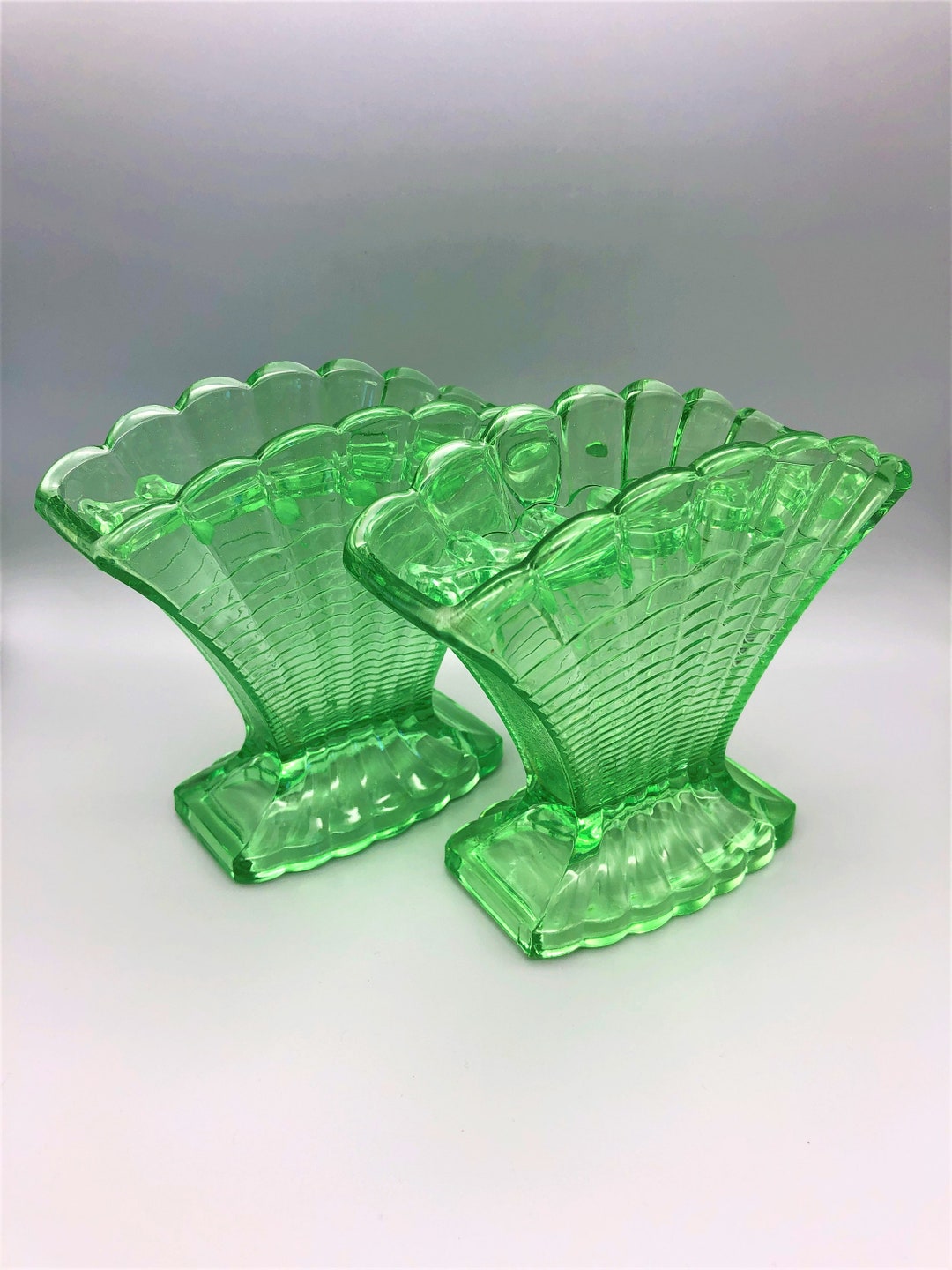 Pair of Art Deco Green Glass Fan Vases Davidson & Co Etsy