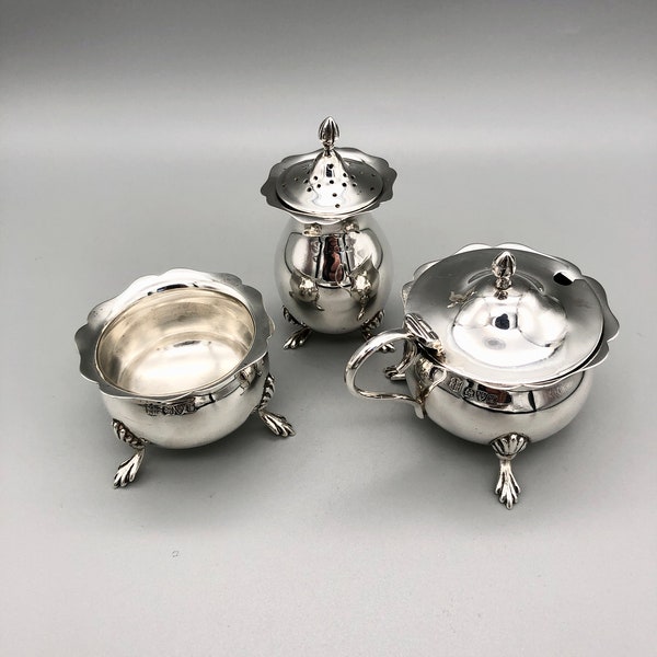 Edwardian Sterling Silver Three Piece Condiment Set, Nathan & Hayes, 1909/10