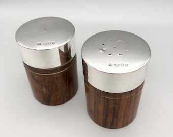 Vintage Sterling Silver Mounted Salt & Pepper Shakers, David Shaw Silverware, London, 1980