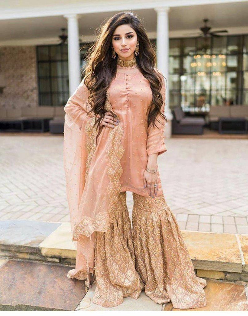 Cream Net Pakistani Sharara Suit | Ethnic Plus