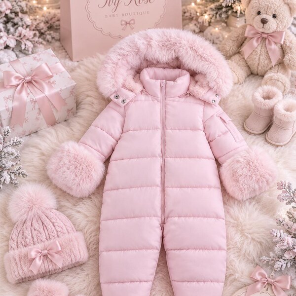 May include: A light pink quilted snowsuit featuring a hood with faux fur trim, long sleeves with faux fur cuffs, and a front zip closure. The set includes a matching cable-knit beanie with a pom-pom and bow, and a pair of faux fur-trimmed mittens.