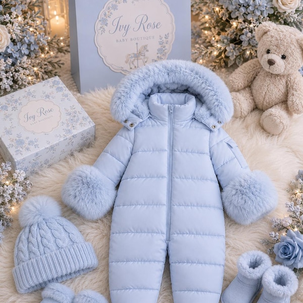 May include: A light blue quilted snowsuit with a faux fur-trimmed hood and cuffs, accompanied by a matching cable-knit beanie, a pair of faux fur-trimmed mittens, and a pair of soft-soled booties, all in a consistent light blue colour palette.