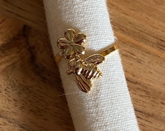 Bee Ring Flowers Gold Color Stainless Steel Adjustable Gift for Women