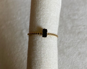 Bague minimaliste Pierre naturelle Obsidienne Couleur or Acier inoxydable Réglable Cadeau Femme