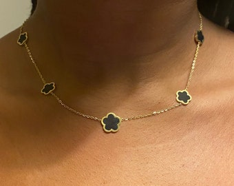 Schwarze Kleeblatt-Halskette, goldfarbene Kette, Edelstahl, Damengeschenk, Weihnachtsgeschenk