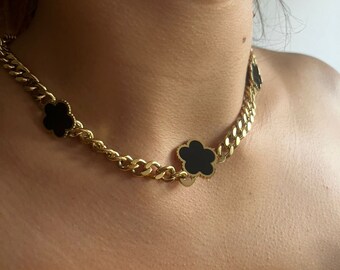 Collier mailles Gourmettes Fleur Noire Acier inoxydable doré