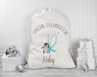 TWISTED ENVY Personalised Xmas Penguin Large Green Christmas Santa Sack TWISTED ENVY Personalised Xmas Penguin Large Green Christmas Santa Sack