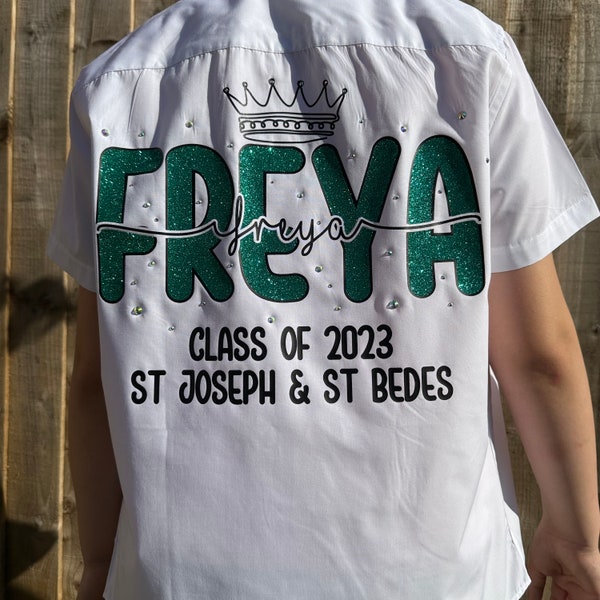 Personalised Leavers 2024 Shirt, Class of 2024 Top, Girls Personalised Leavers Shirt, Short Sleeved Blouse, White or Blue shirts
