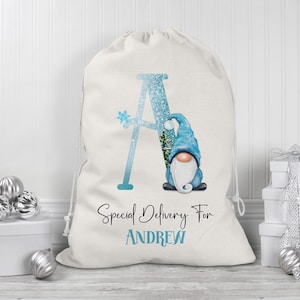 Personalised ice blue Gnome Initial Santa Sack,  present bag 50x70cm  personalised gift bag, Large Christmas Santa Sack,